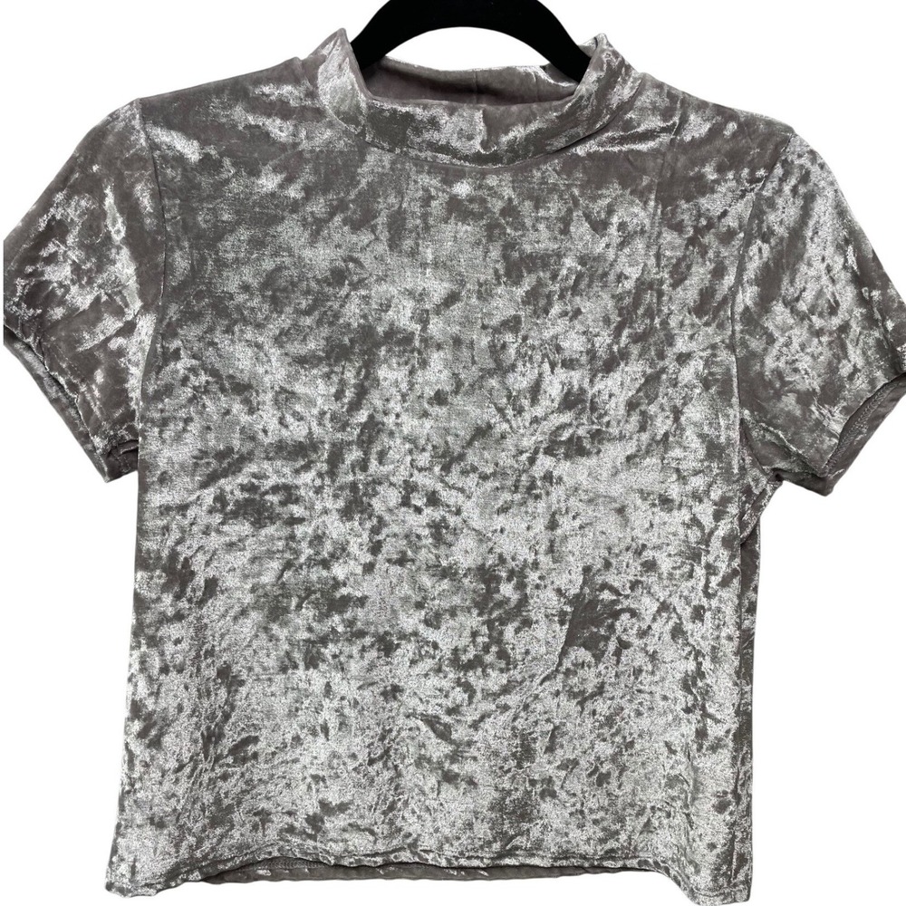 Y2K Acemi Crushed Velvet Mock Neck Baby T Crop Top Silver Glam Goth Indie M USA